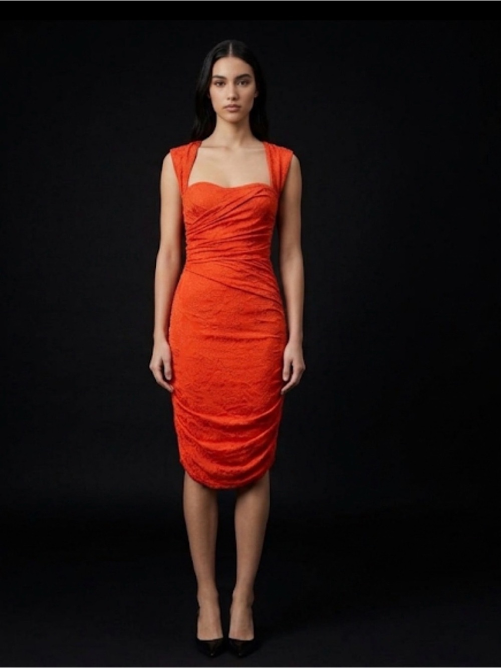 Zara Orange Ruched Lace Midi Dress